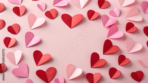 Obraz na płótnie Romantic Pink and Red Paper Hearts Valentine's Day Background w salonie