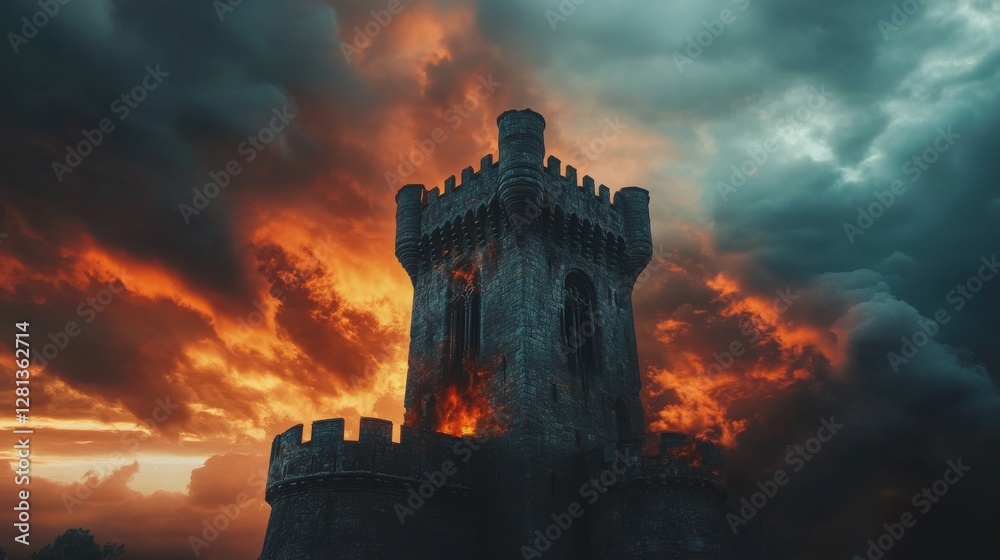 Fototapeta premium Castle standing tall against fiery storm clouds.