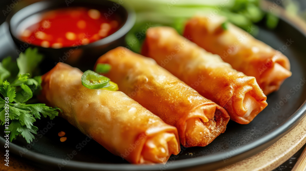 Crispy spring rolls served with sweet chili sauce and fresh herbs Crispy spring rolls served with sweet chili sauce and fresh herbs