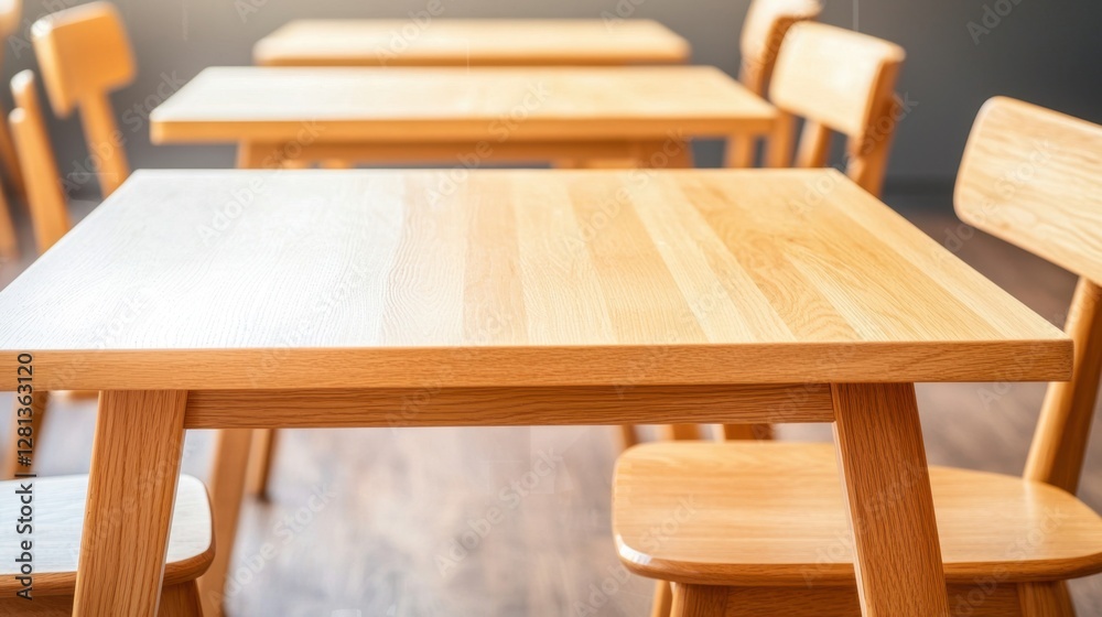 Fototapeta premium Cafeteria cleaning and hygiene practices Concept, Sparkling Clean Cafeteria Tables and Chairs in a Bright Modern Space