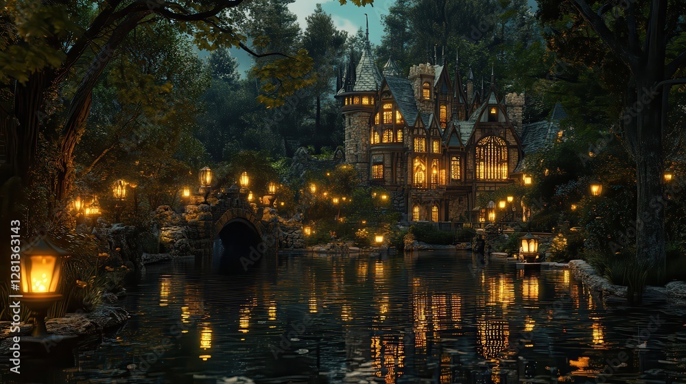 Obraz premium Castle Surrounded by Koi Ponds and Lantern-lit Path