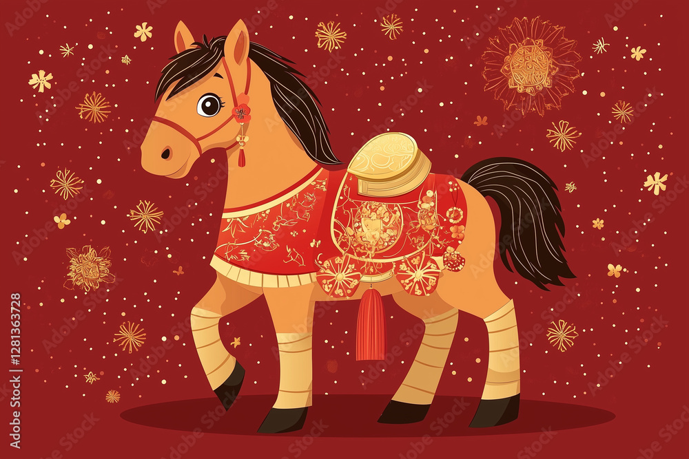 Naklejka premium Adorable cartoon horse dressed in a traditional Chinese outfit on a red background with a gold theme