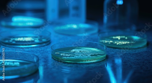 Petri dishes with bacterial cultures in a laboratory setting photo