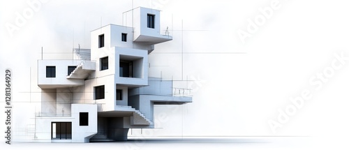 A modern, abstract architectural design featuring stacked, white geometric shapes with multiple levels and balconies.