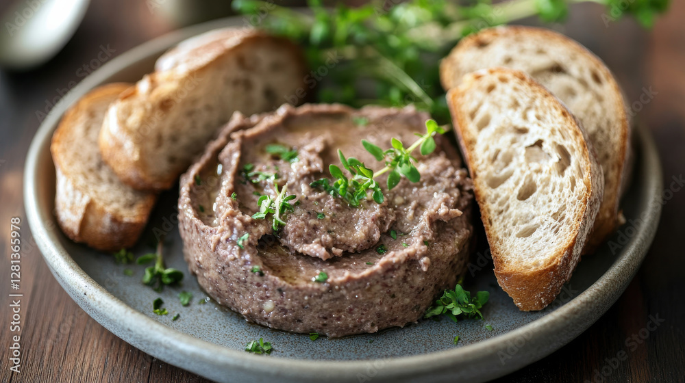 plate of liver pâte served with crusty bread and fresh herbs, creating delightful culinary experience plate of liver pâte served with crusty bread and fresh herbs, creating delightful culinary experience