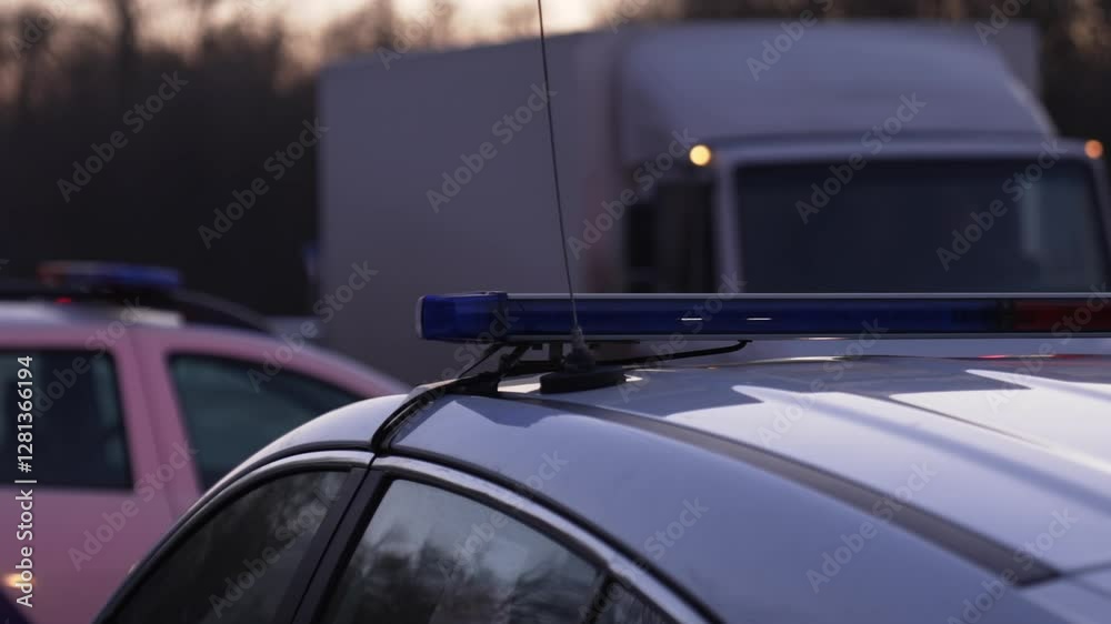 Close-up of flashing police lights on the roof of a police car parked on a highway at the scene of a crime, car accident or incident. Close-up of flashing police lights on the roof of a police car parked on a highway at the scene of a crime, car accident or incident.