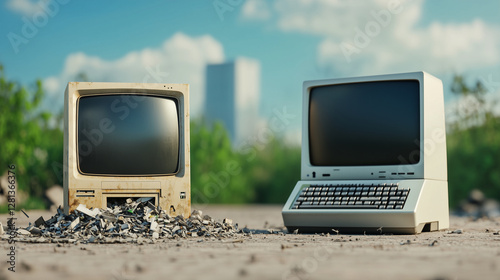 Side-by-side comparison of old, broken, and useless computers, highlighting outdated technology and e-waste issues. Ideal for technology, repair, recycling, and obsolescence concepts.