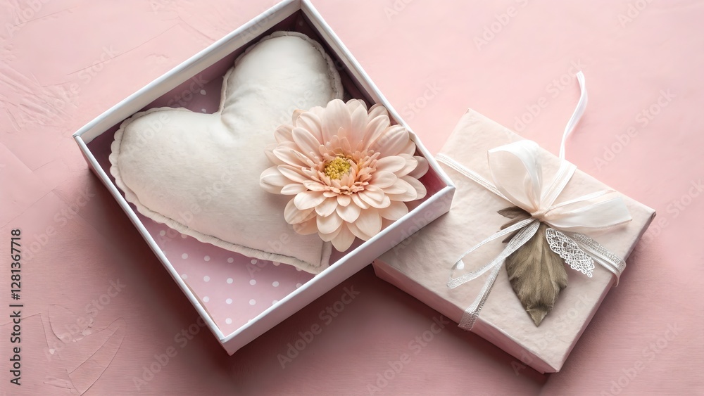 Pink Gift Box with Heart Pillow and Flower