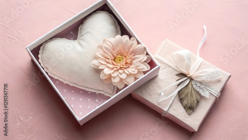 Obraz na płótnie Pink Gift Box with Heart Pillow and Flower w salonie