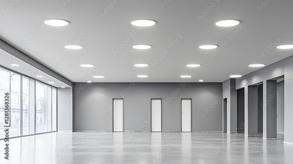 Modern Empty Office Space with Large Windows and Recessed Lighting Modern Empty Office Space with Large Windows and Recessed Lighting