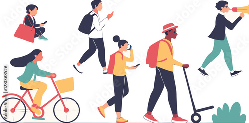 A detailed vector illustration featuring a diverse group of people engaged in various everyday activities