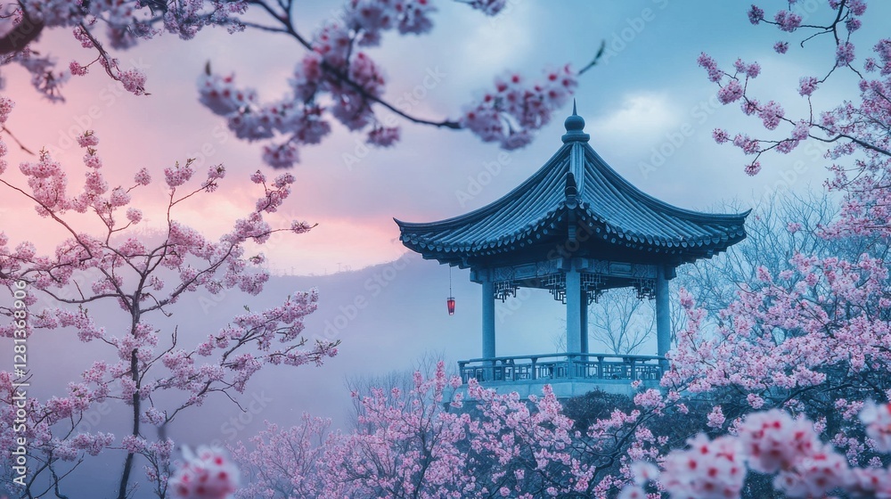 Cherry Blossoms Swirling around a Pavilion Under Evening Sky Cherry Blossoms Swirling around a Pavilion Under Evening Sky