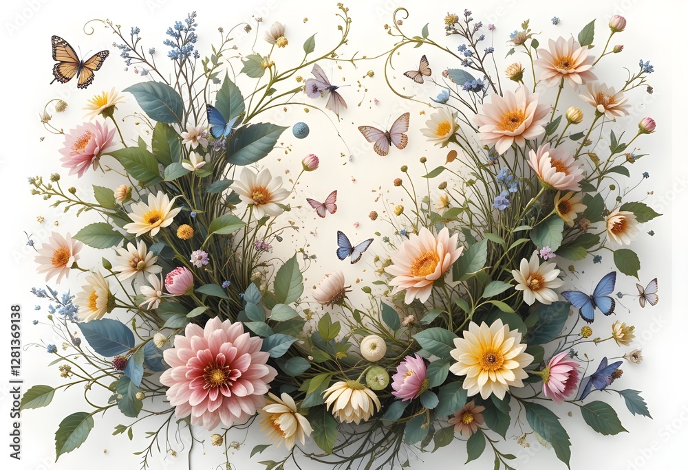 Fototapeta premium Flowers and Butterflies Collage with Botanical Elements: