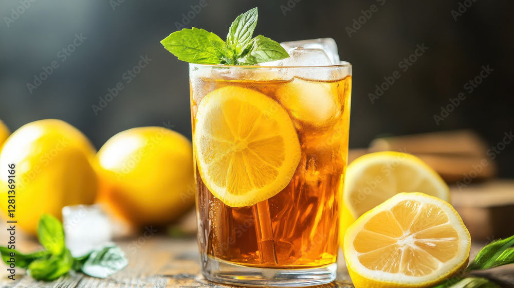 Fototapeta premium Refreshing iced tea with lemon slices and mint leaves, perfect for summer
