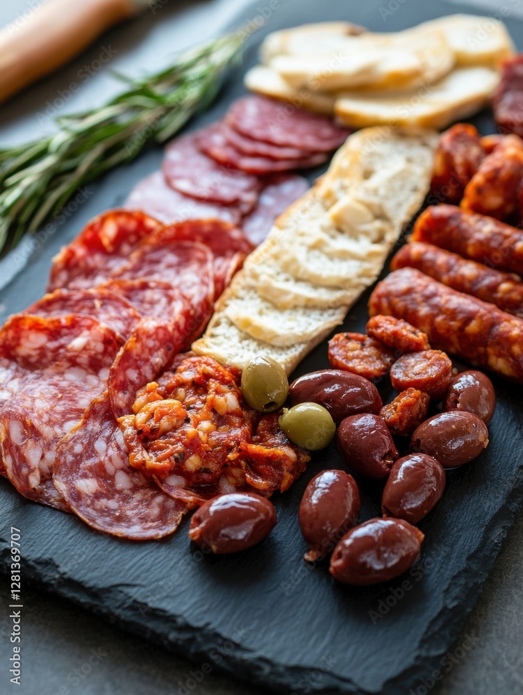 Appetizing charcuterie board featuring salami chorizo bread olives and rosemary on a slate platter delicious food photography close up shot Appetizing charcuterie board featuring salami chorizo bread olives and rosemary on a slate platter delicious food photography close up shot