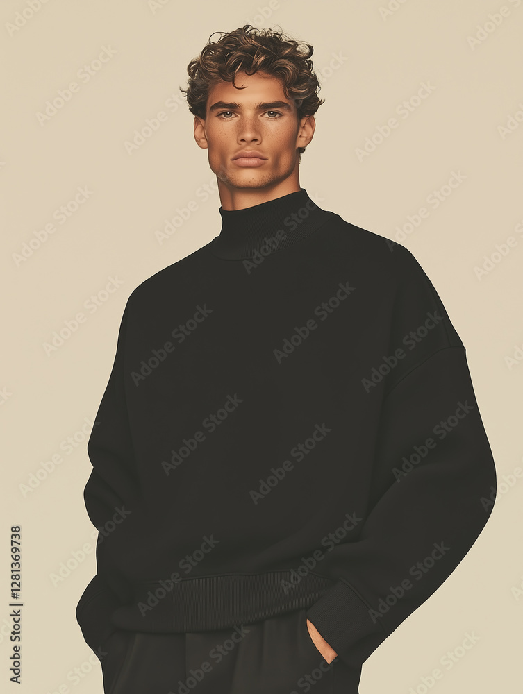Fototapeta premium Male fashion concept. Portrait of a handsome american young male model wearing designer clothes and posing on beige background. Catalogue, campaign style. Studio shot
