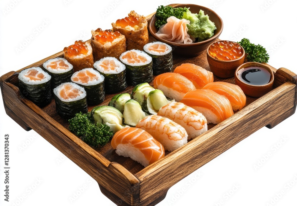Exquisite Japanese Sushi Platter Featuring Fresh Salmon, Colorful Rolls, and Garnishes Arranged on a Wooden Tray for Culinary Delight Exquisite Japanese Sushi Platter Featuring Fresh Salmon, Colorful Rolls, and Garnishes Arranged on a Wooden Tray for Culinary Delight