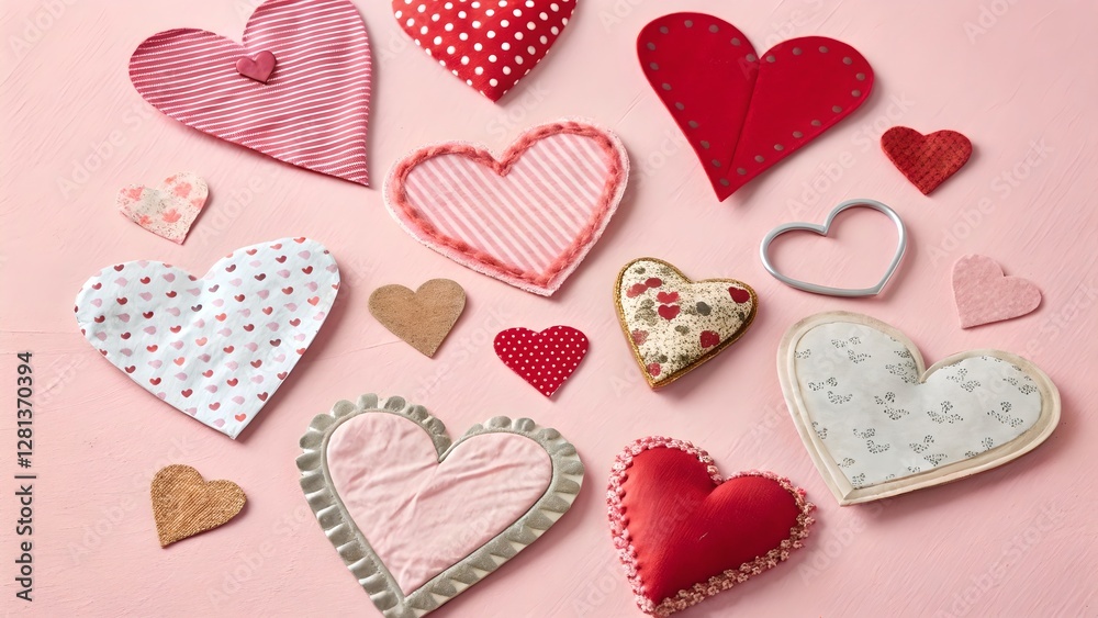 Romantic Assorted Fabric Hearts on Pink Background