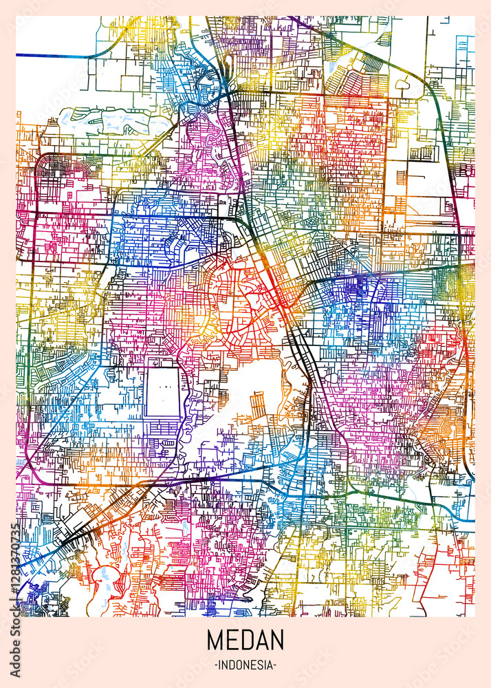 Obraz premium Medan Indonesia City Map, downtown tourism, house art travel, scenic metropolis concept, travel art city, patriotic abstract banner