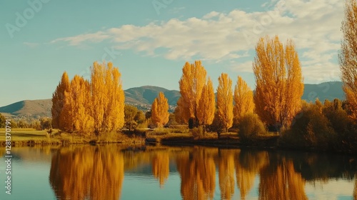 Golden autumn trees reflected in a calm lake