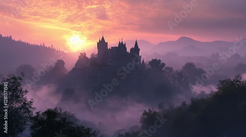 Feudal Castle Surrounded by Foggy Hills at Sunrise