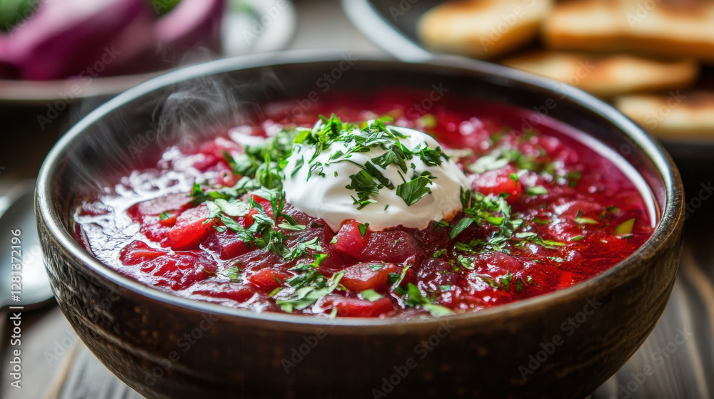 steaming bowl of borscht topped with sour cream and fresh herbs, served with bread steaming bowl of borscht topped with sour cream and fresh herbs, served with bread