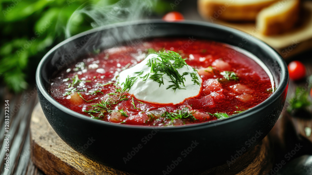 steaming bowl of borscht topped with sour cream and fresh herbs, perfect for cozy meal steaming bowl of borscht topped with sour cream and fresh herbs, perfect for cozy meal