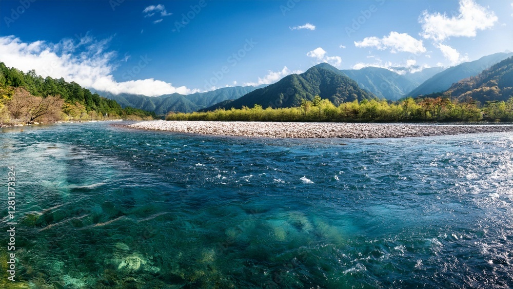 Fototapeta premium 美しい青空と透明感のある川、フォトジェニックな風景