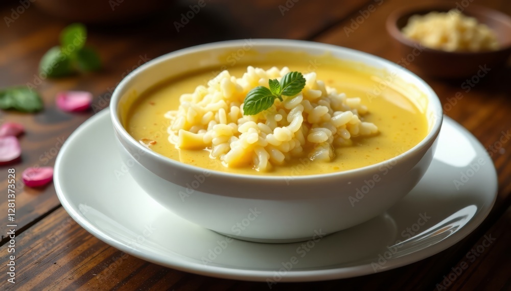 Traditional South Indian curd rice bowl with steaming hot curd, served on a white plate , curd rice, white plate, yellow curd Traditional South Indian curd rice bowl with steaming hot curd, served on a white plate , curd rice, white plate, yellow curd