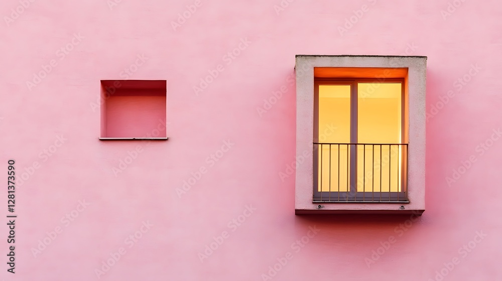 Minimalist Pink Wall with Balcony Window and Small Niche Minimalist Pink Wall with Balcony Window and Small Niche