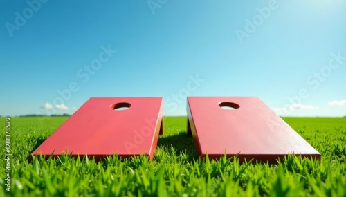 Two cornhole boards set up in a field with green grass and blue sky overhead, team building, field games, outdoor activities