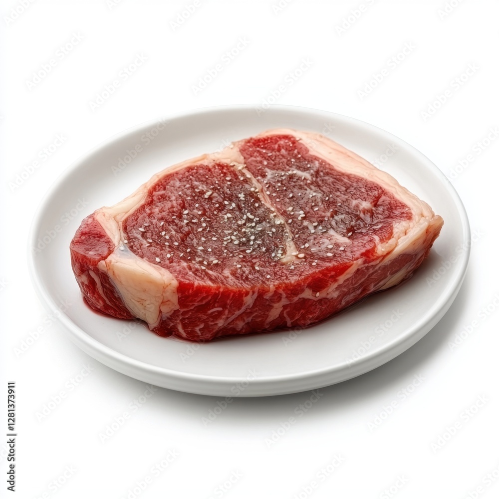Appetizing Raw Beef Steak Seasoned with Salt and Pepper on a White Plate Ready for Cooking Preparation Appetizing Raw Beef Steak Seasoned with Salt and Pepper on a White Plate Ready for Cooking Preparation