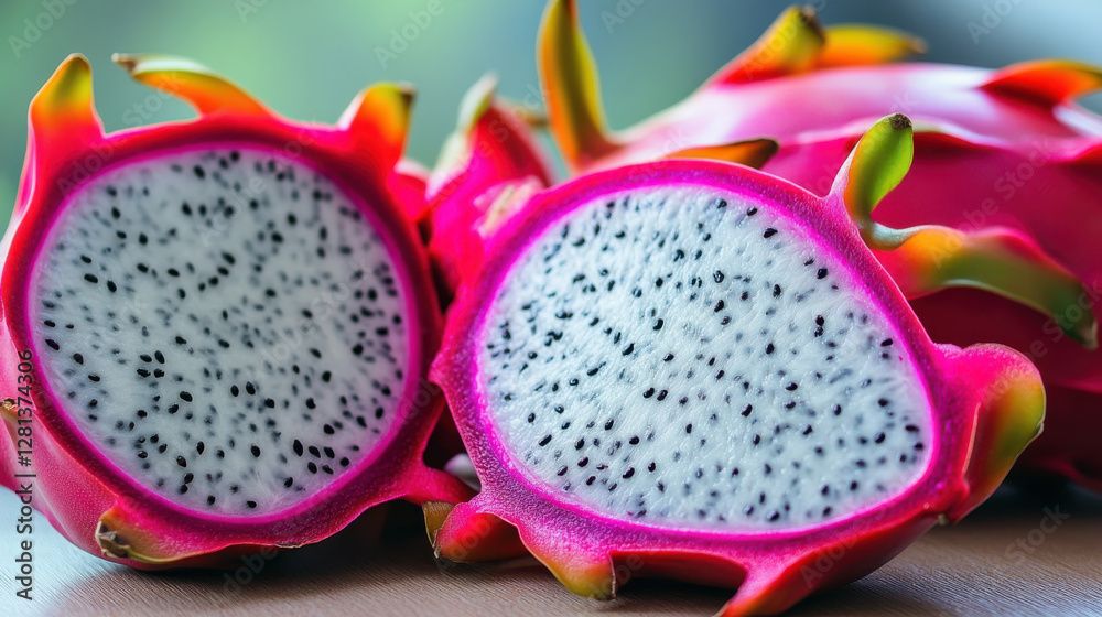 Vibrant dragon fruit sliced open, showcasing its colorful interior and unique texture. This exotic fruit is feast for eyes and taste buds Vibrant dragon fruit sliced open, showcasing its colorful interior and unique texture. This exotic fruit is feast for eyes and taste buds
