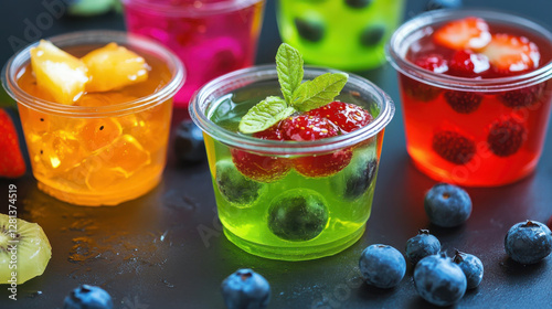 Vibrant jello dessert in clear cups with fruit and mint garnish, colorful and refreshing