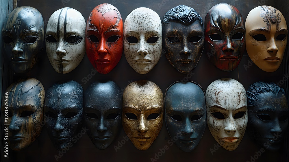 Depict an evocative portrayal of identity through showcasing masks emotions culture and personal expression in a unique artistic display Depict an evocative portrayal of identity through showcasing masks emotions culture and personal expression in a unique artistic display