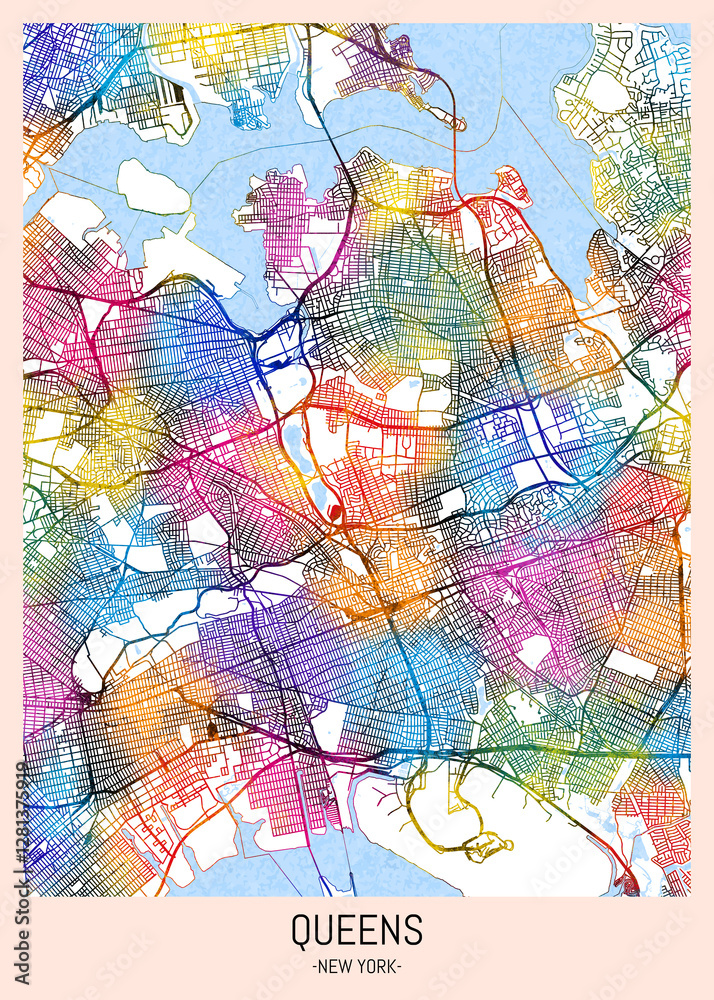 Queens New York Map, downtown tourism, house art travel, scenic metropolis concept, travel art city, patriotic abstract banner