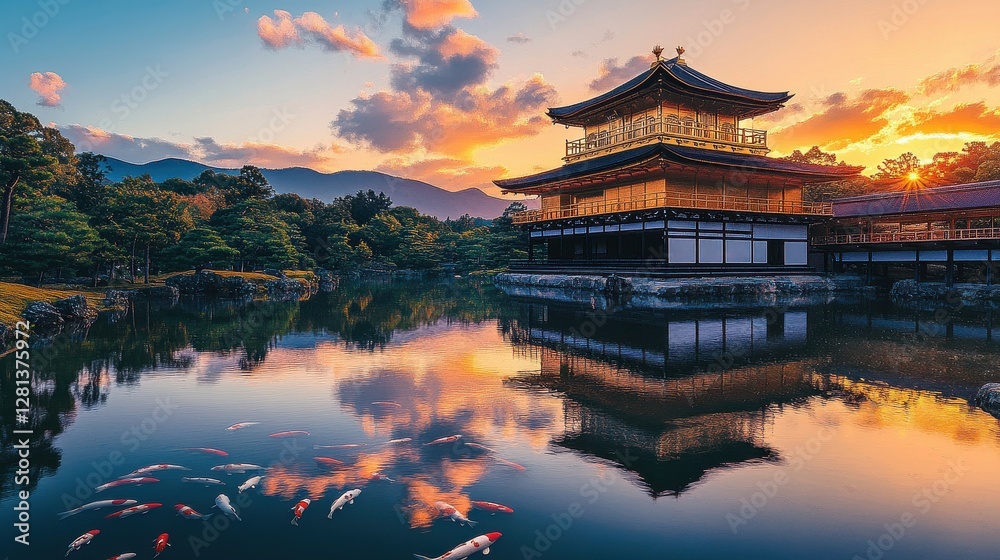 Obraz premium Feudal Japanese Palace with Koi-filled Moat at Sunset