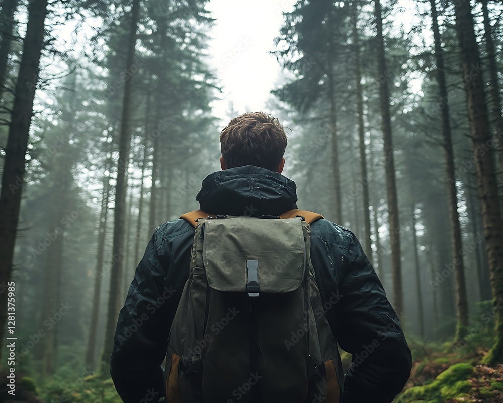 Obraz premium Man wearing backpack walks through a forest in nature
