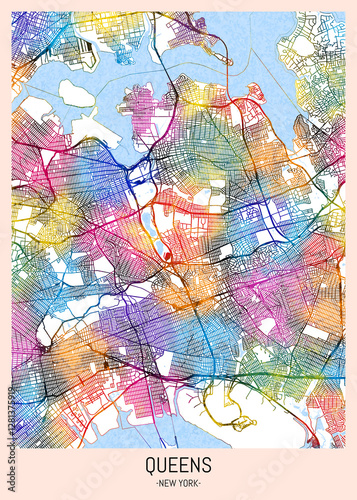 Obraz na płótnie Queens New York Map, downtown tourism, house art travel, scenic metropolis concept, travel art city, patriotic abstract banner w salonie