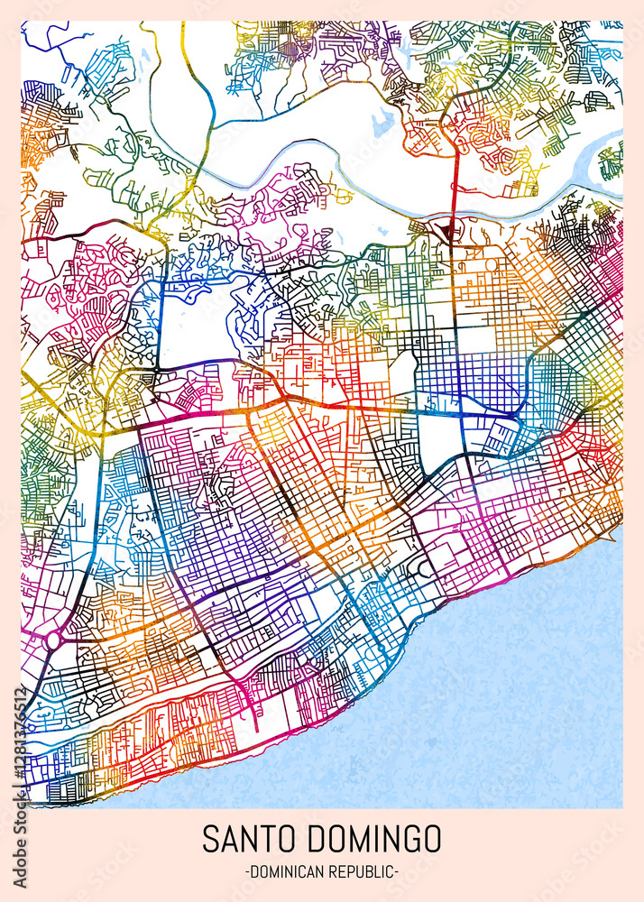 Obraz premium Santo Domingo Dominican Republic City Map, downtown tourism, house art travel, scenic metropolis concept, travel art city, patriotic abstract banner