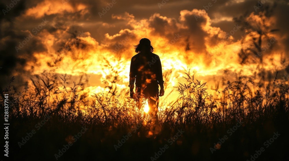 Fototapeta premium Silhouette Person Standing In Grass During Sunset