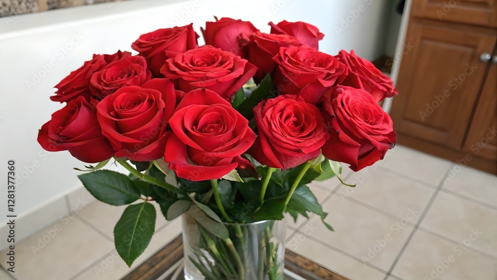Romantic Red Roses Bouquet in Glass Vase