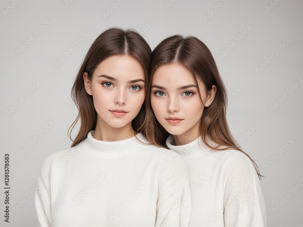 young women twins portrait bright white studio background young women twins portrait bright white studio background
