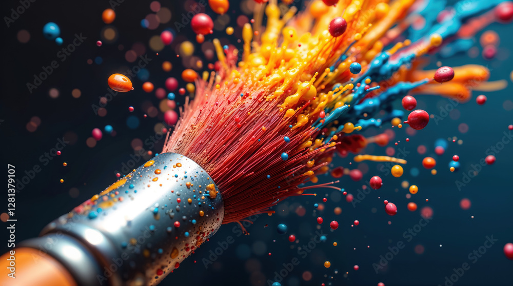 Fototapeta premium Paintbrush bursting with vibrant splashes of red, yellow, and blue