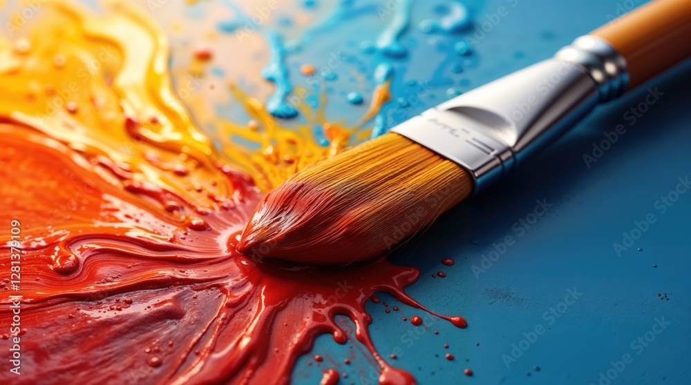Obraz premium Paintbrush blending vivid red, yellow, and blue on a canvas