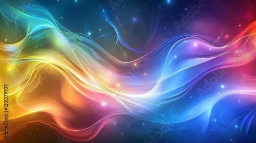 A vibrant swirl of colors flows gracefully through this abstract image, blending together shades of blue, yellow, and red in a stunning display of light and motion.