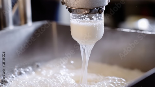 A milking machine nozzle is attached to a cow’s udder, with fresh milk streaming into a transparent collection jar in a clean dairy setting.