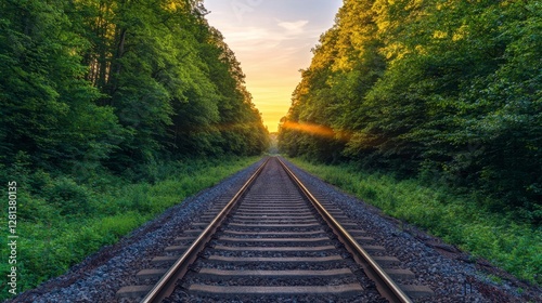 Tranquil Forest Landscape with Train Tracks at Sunset Glow