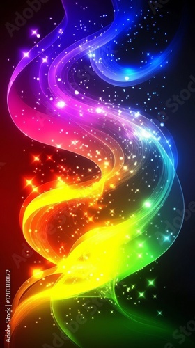 A colorful wave of light swirls through the darkness. It radiates joy and creativity. Bright hues blend beautifully, creating a mesmerizing display of vibrant colors.