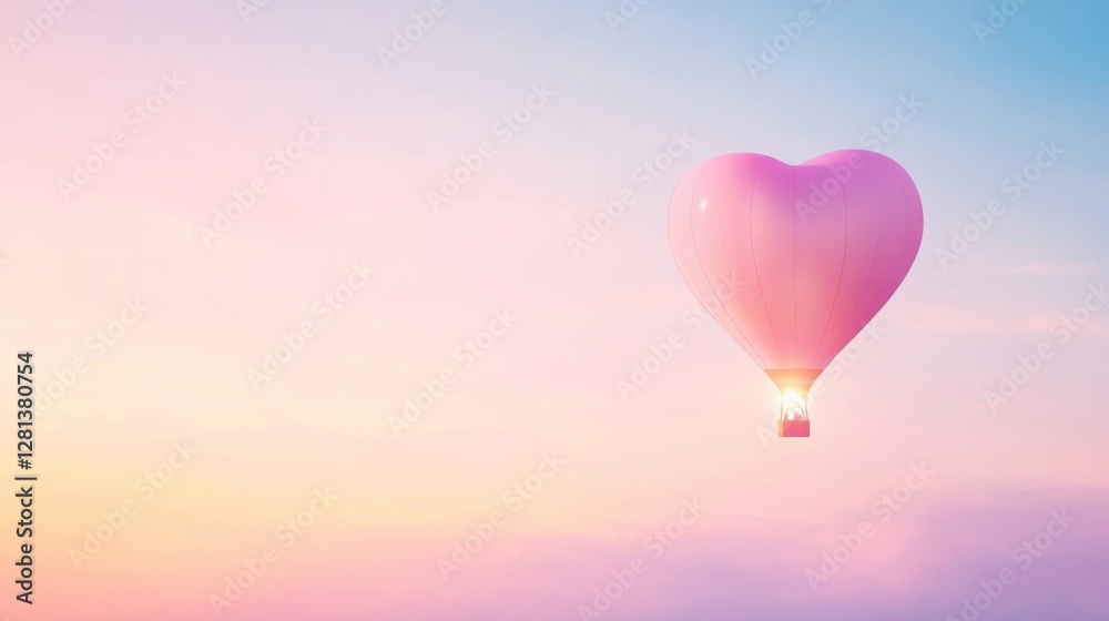 Fototapeta premium Romantic Pink Heart Shaped Hot Air Balloon Against a Pastel Sky